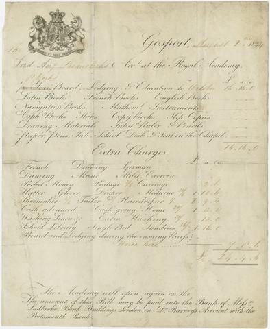 Royal Academy (Gosport, England), creator. Bill for school expenses from the Royal Academy for Lord Augustus Beauclerk.