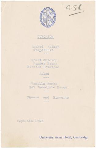  [Luncheon menu for the University Arms Hotel, Cambridge, Sept. 6th, 1939].