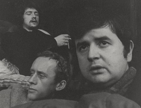 Lewis Morley John Hurt, Rodney Bewes, and Kenneth Colley in 'Little Malcolm and his Struggle against the Eunuchs', Garrick Theatre, London
