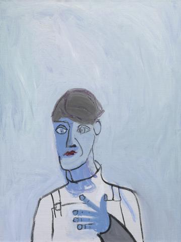 Lucy Jones Untitled (White Dungarees on Blue Background)