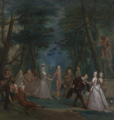 Marcellus Laroon the Younger Scene in a park, with figures from the Commedia dell'Arte