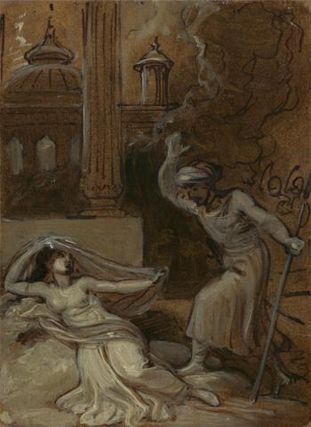 Robert Smirke Illustration for an Eastern Romance, possibly 'The Arabian Nights' (with female figure reclining at left)