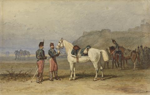 Elizabeth Thompson, Lady Butler Cavalrymen Mounting Near a Fort