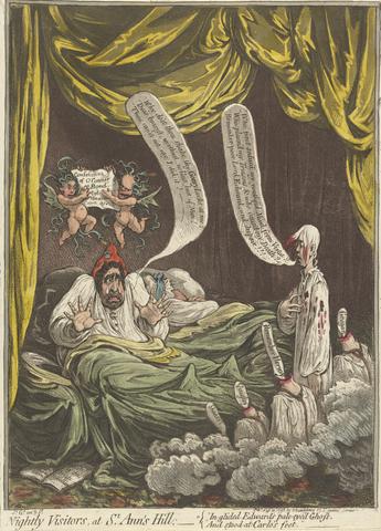 James Gillray Nightly Visitors, at St. Ann's Hill; In Glided Edward's Pale-Eye'd Ghost, and Stood at Carlo's Feet
