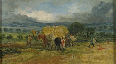 James Ward A Harvest Scene with Workers Loading Hay on to a Farm Wagon