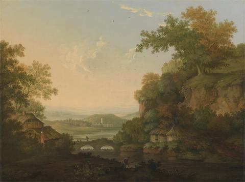 James Lambert of Lewes A River Scene with Thatched Huts by a Bridge over a Weir