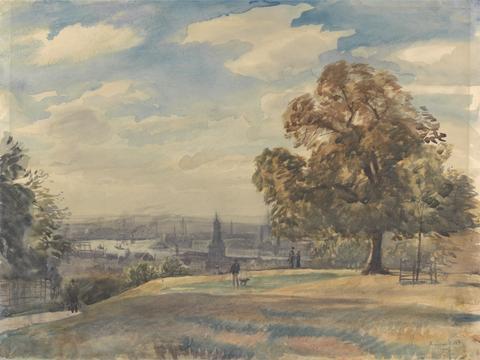 Francis Dodd Figures in a park overlooking a city on a river