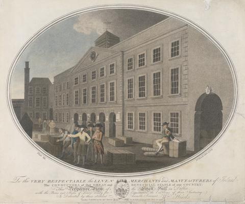 William Hincks Plate XII: Perspective View of the Linen Hall in Dublin, with the Boxes and Bales of Linen ready for Exportation, the Emblems of their Industry