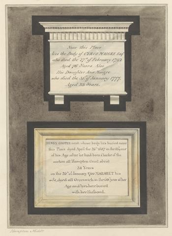 Daniel Lysons Memorials to Cyrus Maigre, Ann Maigre and Henry and Margaret Cooper from Hampton Church