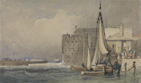 Samuel Prout A Harbour; Breakwater Left, Small Boats Moored Alongside a Quay with Figures Right