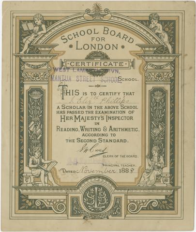 School Board for London Certificate : West Lambeth Divn. Mantua Street School.