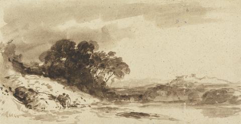 John Varley River Landscape with Two Figures, Lake and Distant Mountains