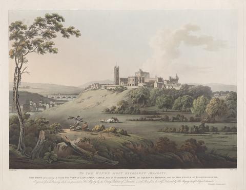 A Southwest View of Lancaster Castle, part of St. George's Quay. The Aqueduct Bridge and Muntains of Ingleborough