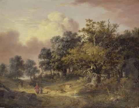 Robert Ladbrooke Wooded Landscape with Woman and Child Walking Down a Road