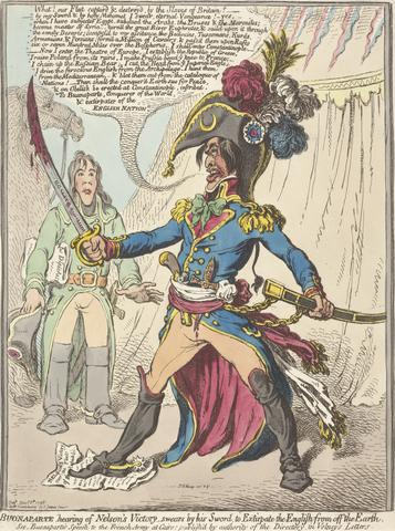 James Gillray Buonaparte, Hearing of Nelson's Victory, Swears by His Sword, to Extirpate the English off the Earth (from: Caricature, vol. 1)