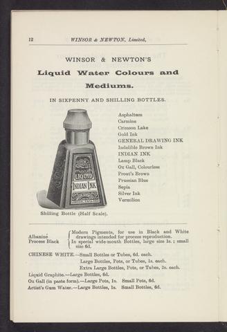 Winsor & Newton. Winsor & Newton's catalogue of colours and materials for oil and water colour painting, pencil, chalk, and architectural drawing, &c.