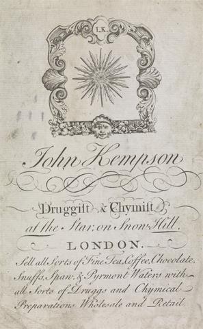 unknown artist Trade card for John Kempson, Druggist and Chemist of Snow Hill, London