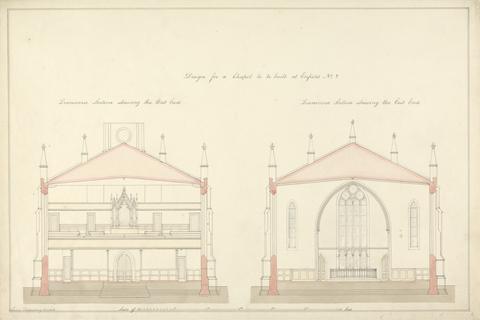 Lewis Vulliamy Design for a Chapel at Enfield: Transverse Sections, East and West End