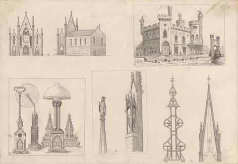 Augustus Welby Northmore Pugin Five Sketches of: A Gothic Church, Spires, a Fortification and Decorative Objects