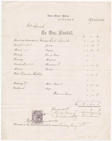 Grey Friars' House (Lincoln, England), creator. Bill for school expenses for Miss Kate Lamb, due to Mrs. Blundell at Grey Friars' House, Lincoln.