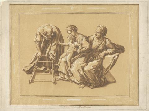 Mother, Child, old man with baby's walking frame on wheels