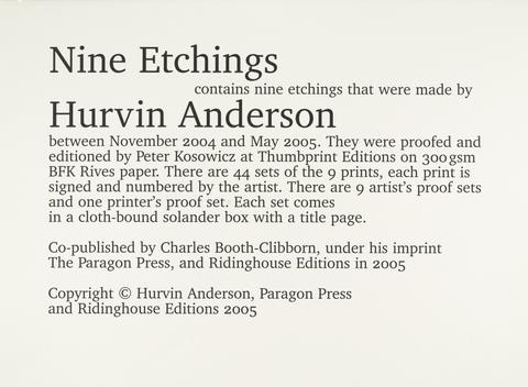 Title-page: Nine Etchings, a series of 9 etchings, each print signed and numbered by the artist, ed. 44, published 2005