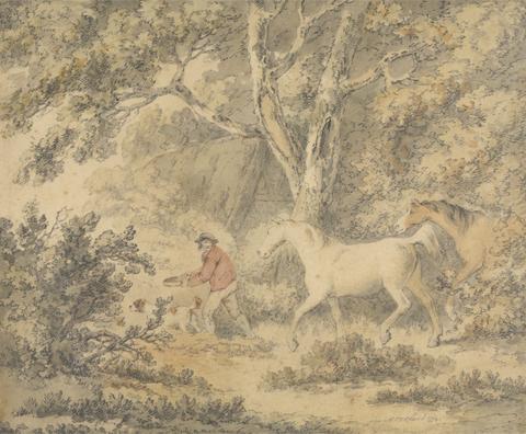 George Morland Landscape with Horses, Farmer and Dog