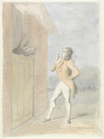 George Dance A Dandy Quizzing a Mule's Head seen over a Stable Door
