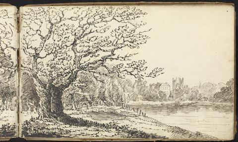 Thomas Bradshaw Album of Landscape and Figure Studies: Trees Alongside a River with Buildings in the Distance