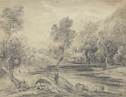 unknown artist Man Crossing Hump-Backed Bridge Over a River with Cattle Watering
