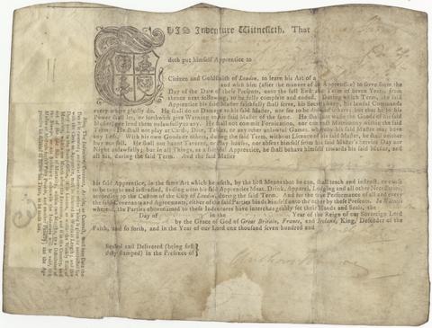  Indenture placing James Harris into the service of Anthony Harison, goldsmith.