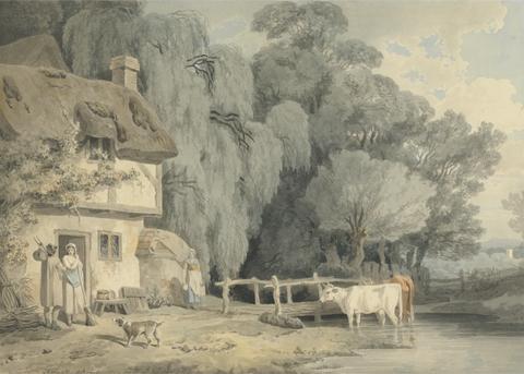 Francis Wheatley Country Scene: Figures by a Cottage Door and Cattle in a Stream