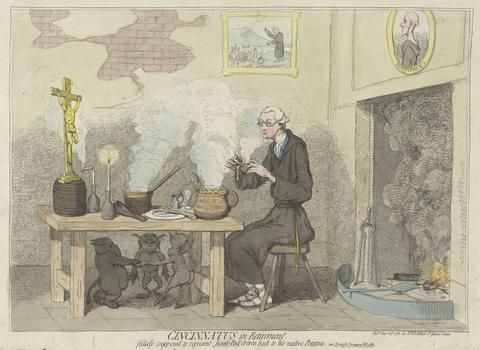 James Gillray Cincinnatus in Retirement, Falsely Supposed to Represent Jesuit-Pad' Driven Back to his Native Potatoes. (from: Caricature, vol. 2)