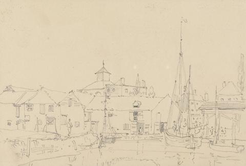 Capt. Thomas Hastings Sketch of Sailing Boats Moored adjacent to a Village