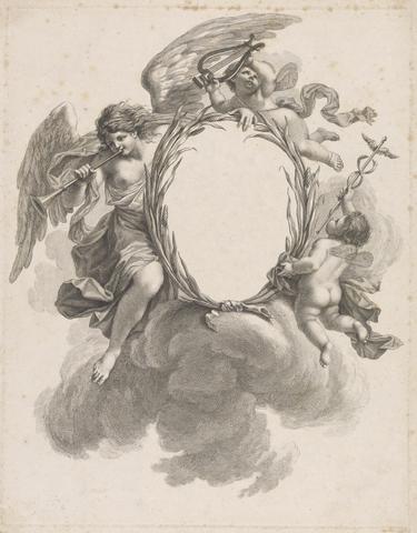 Francesco Bartolozzi RA Vignette With Putti Carrying Hermes Staff And Lyre And Angel Blowing Trumpet, Three Muses