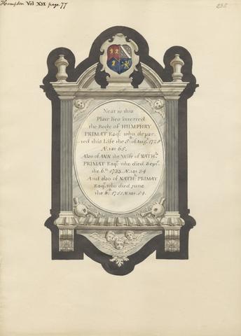 Daniel Lysons Memorial to Humphry Primat, Nathaniel and Ann Primat from Hampton Church