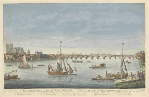 unknown artist A View of Westminster Bridge from Lambeth. 1. Westminster Abby. 2. St. Margaret's Church. 3. Westminster Hall. 4. St. Martin's Church