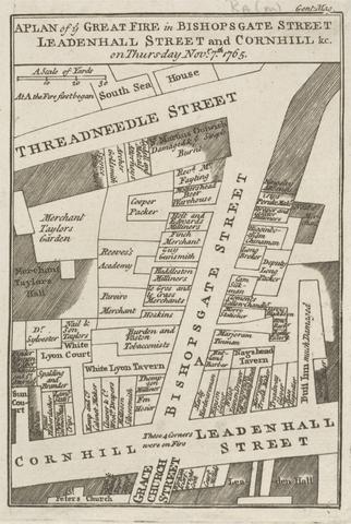 A Plan of ye Great Fire in Bishopsgate Street, Leadenhall Street and Cornhill and Church