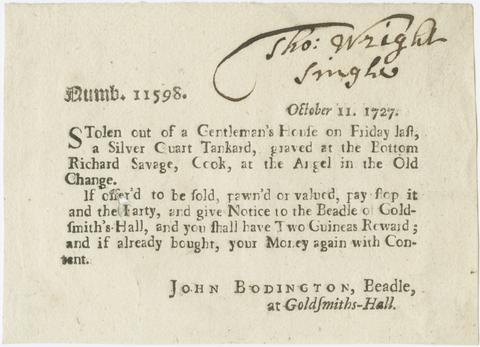 Bodington, John, -1727. Reward notice for recovery of a silver quart tankard.