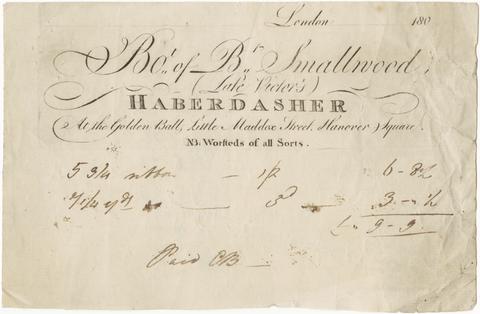 Billhead of B. Smallwood, London haberdasher, for purchase of ribbon by an unidentified buyer.