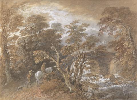 Thomas Gainsborough RA Hilly Landscape with Figures Approaching a Bridge