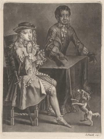 Two Young Men, One Playing a Recorder, the Other Pointing at a Dancing Dog