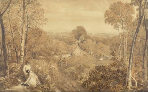 Joshua Cristall Wooded Landscape with Cottages and Countrywomen, Hurley, Berkshire