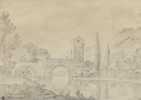 Italian Landscape with Three-Arched Bridge, Bridgehouse, Figures on near Bank, and Poplars on Farther Bank