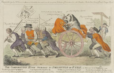 Isaac Cruikshank The Corporation Hogs Journey to Smithfield in Stile, or Aldermen turned Pig Show Men