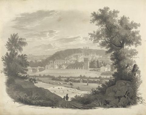 R. Stirzaker Landscape with Town and Beyond River, Castle on Hill in Distance