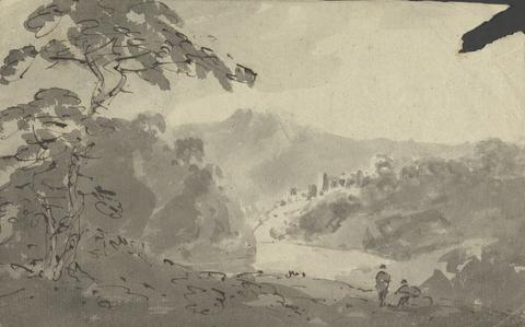 Rev. William Gilpin Two Men Looking Into Landscape with Castle, River and Mountain Scene