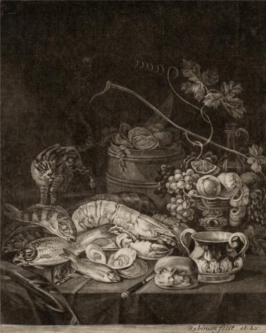 Robert Robinson Banquet Piece with Lobsters, Fish, and Cat