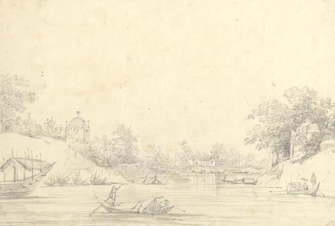 William Hodges View of Boats on a Small River with Several Buildings on the Banks