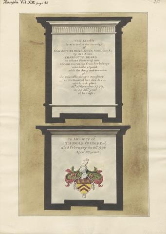 Daniel Lysons Memorials to Miss Sophia Henrietta Voelcker and Thomas Crump from Hampton Church